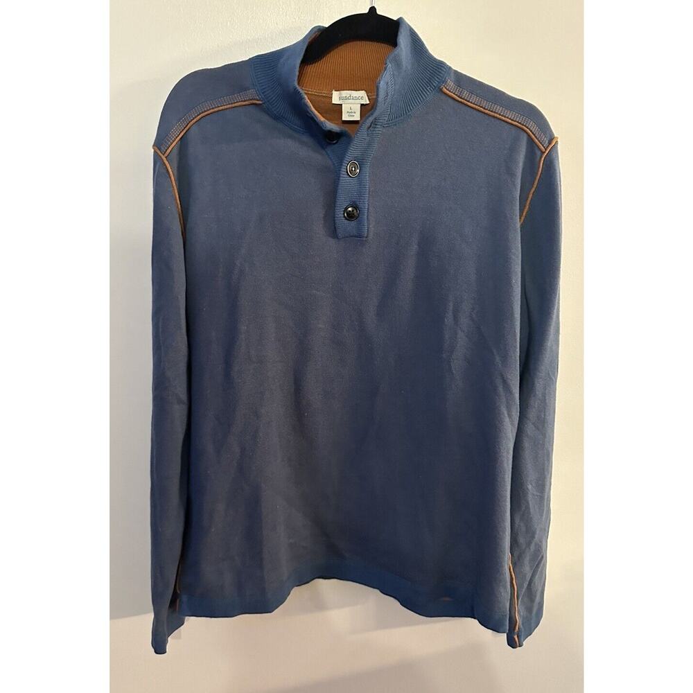 Sundance Men's Henley 1/4 Button Highland Stitch Blue Sweater Size Large Cotton